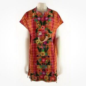 Vintage Pong Poco Ltd Sz M Embroidered Chicken Flower Dress Multicolor Cotton